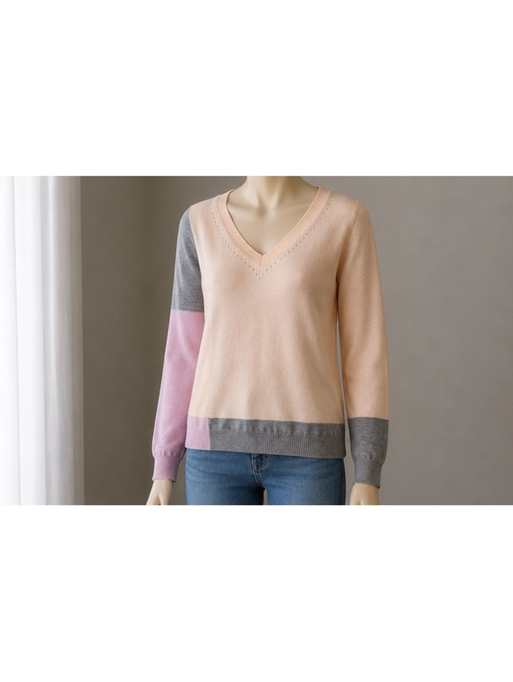 Harper Lane Women’s M Colorblock V Neck Sweater Wool Blend Pink Gray Cream